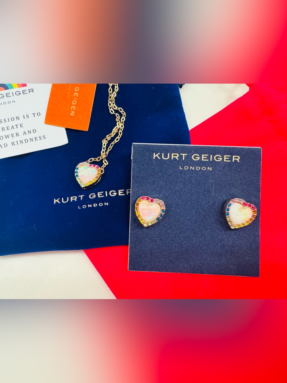 Kurt Geiger Heart Necklace & Earrings Set with opal tone and crystals bnwt